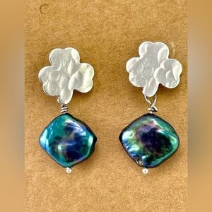 VTG Genuine Peacock Pearl Sterling Silver Shamrock Earrings